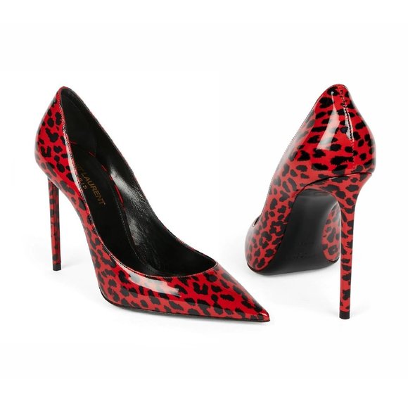 Saint Laurent ZOE 85MM Red Leopard Animal Print Patent Leather Pumps - Picture 1 of 12